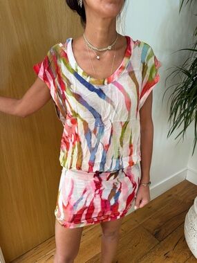 IRO Multicolor Watercolor Print Mini Dress - White, Red, Blue, Green, Pink